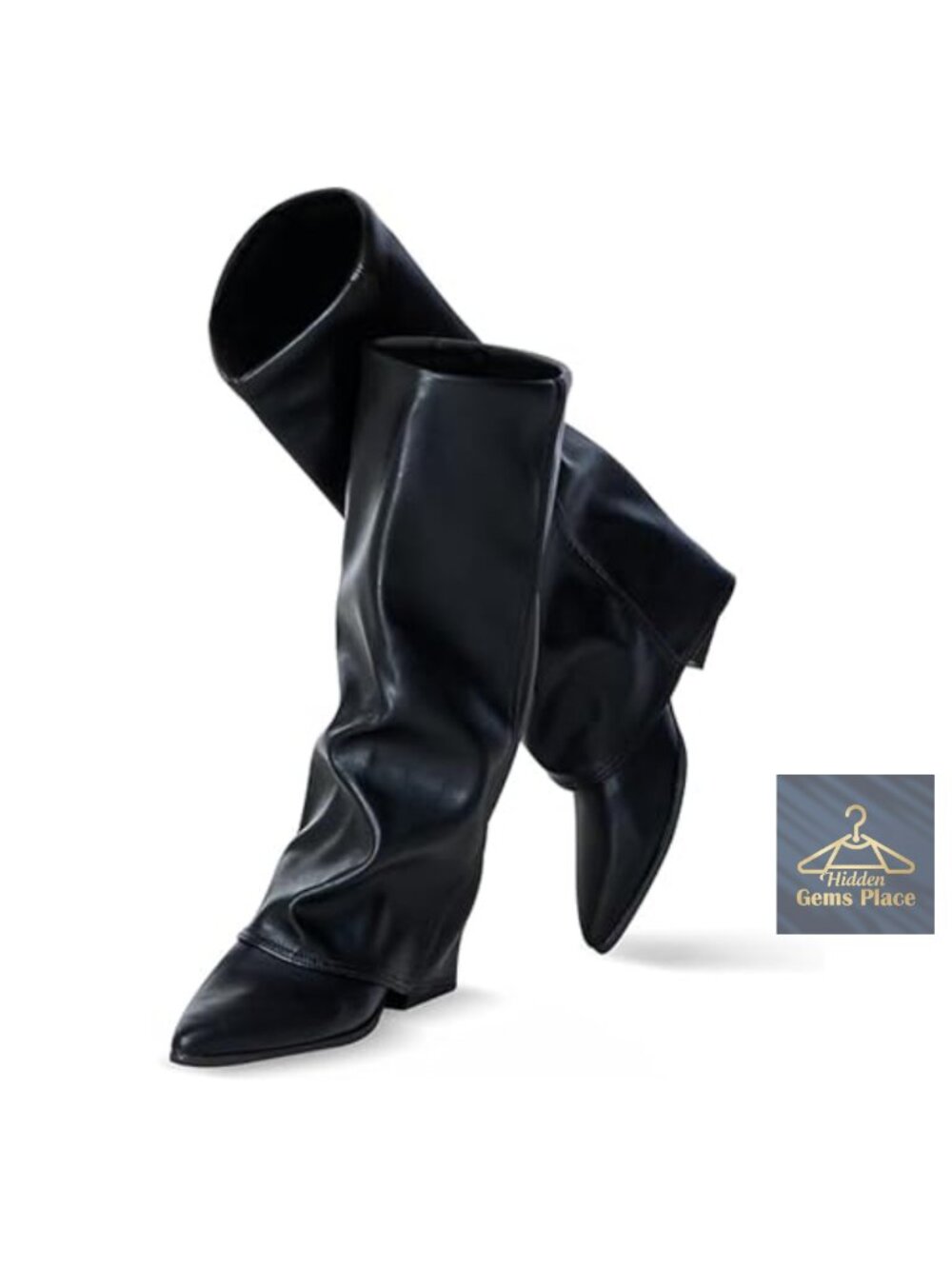 Knee High Fold Over Shark Boots Women Pointed Toe Block Heel Wide Calf Faux